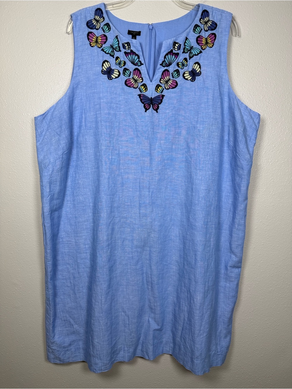 Talbots Plus Linen Blend Shift Dress 22W Blue Embroidered Butterfly Sleeveless
